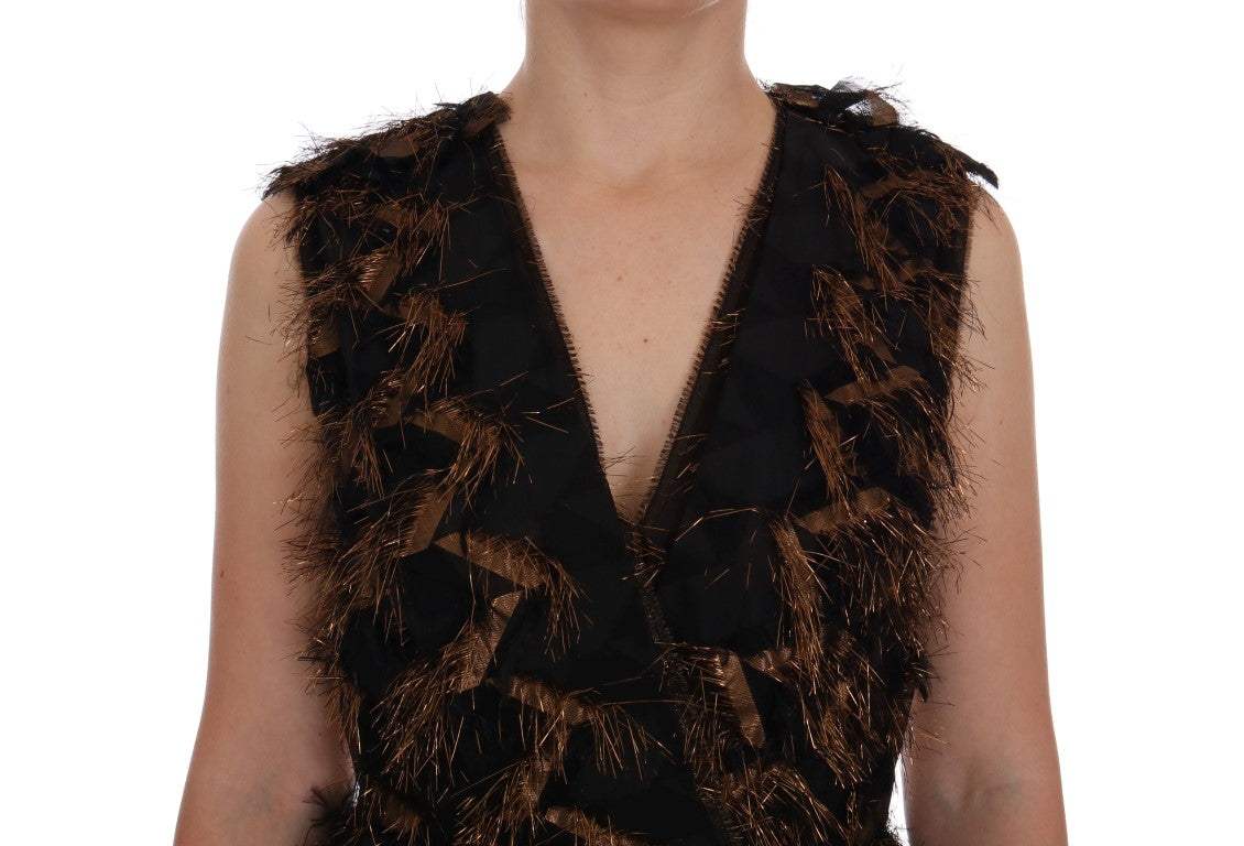 Dolce & Gabbana Black silk dress with brown fringes in A-line